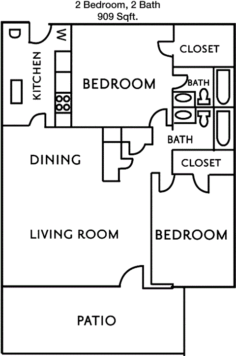 Floor plan for 2 beds, 2 baths, 909 sqft